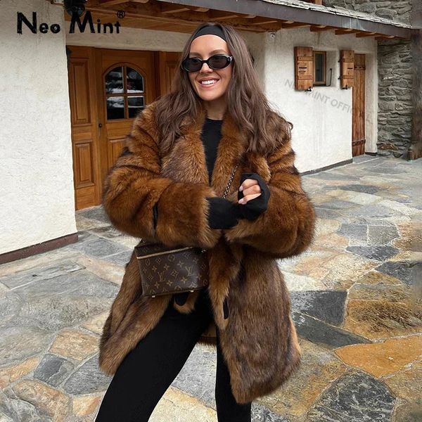 Neo Mint Long Furry Faux Fur Coat Women 2024 Winter Brown Vintage Gradient Thick Warm Outerwear Fluffy Fur Jacket 241120