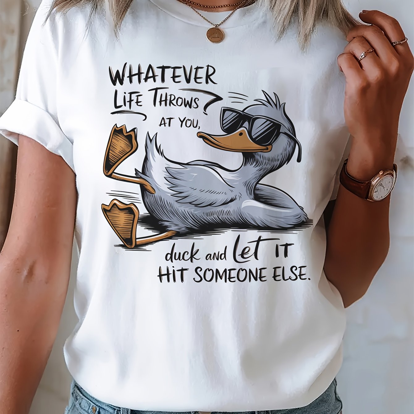 TEMU Women's - " Throws At You - Duck And Hit " - White Casual Graphic Tee With - Lightweight Everyday Shirt For Women - Birthday Office Gift Idea,