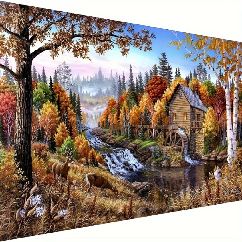 TEMU Autumn Countryside Painting – Round Drill Wall Decor With Vibrant , River & Cabin Scene – Décor Gift For , Landscape Decor
