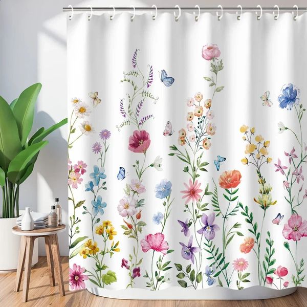 Bathroom Flowers Shower Curtains Watercolor Plant Leaves Home Decor Washable Accessories Set 240828