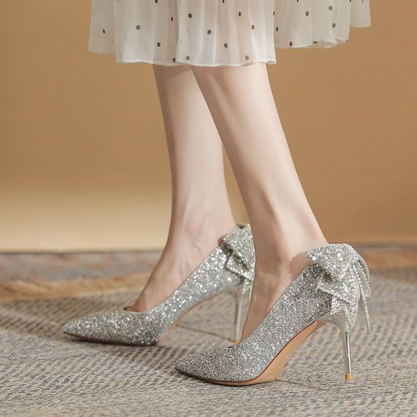 6681-18B French Crystal Bow High Heels For Celebrity Style Banquet Show He Sequins Bridal Bridesmaid Shoes
