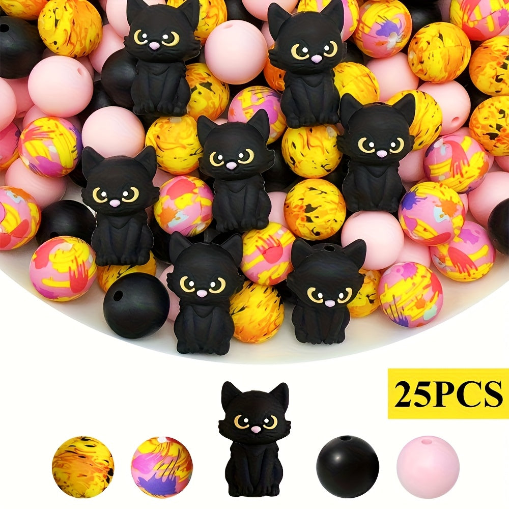 TEMU 25pcs Black Cat Silicone Beads Set, Colorful Printed Beads Suitable For Making, Bracelets, Keychains, And Home Decor - Beads & Bead Assortments