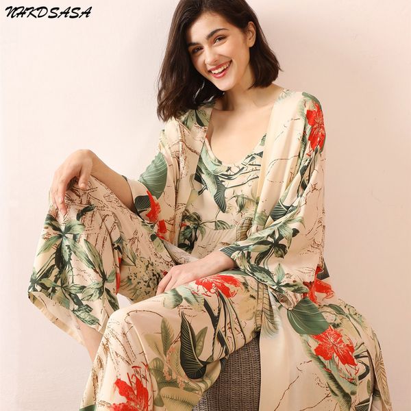 New Ladies Pamas Set 3Pcs Cardigan+Camisole+Pants Cartoon Printed Women Comfort Loose Homewear Large Size Femme Sleepwear