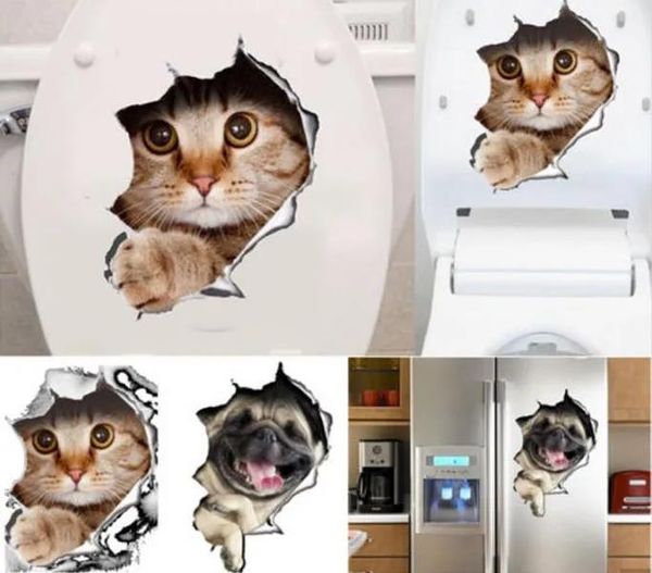 3D Cats Wall Sticker Toilet Stickers Hole View Vivid Dogs Bathroom Room Decoration Animal Vinyl Decals Art Sticker Wholesale 0706026 LL