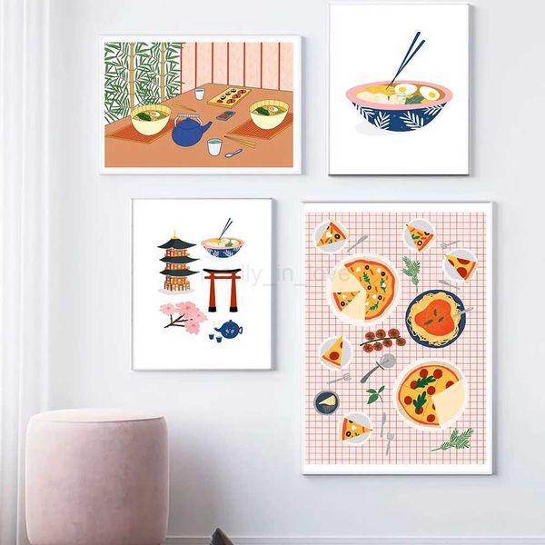 Cartoon Anime Multicolored Art Art Tela Pintura Ramen Picture Pizza Party Posters and Prints Gallery Kids Kitchen Home Decorm240722