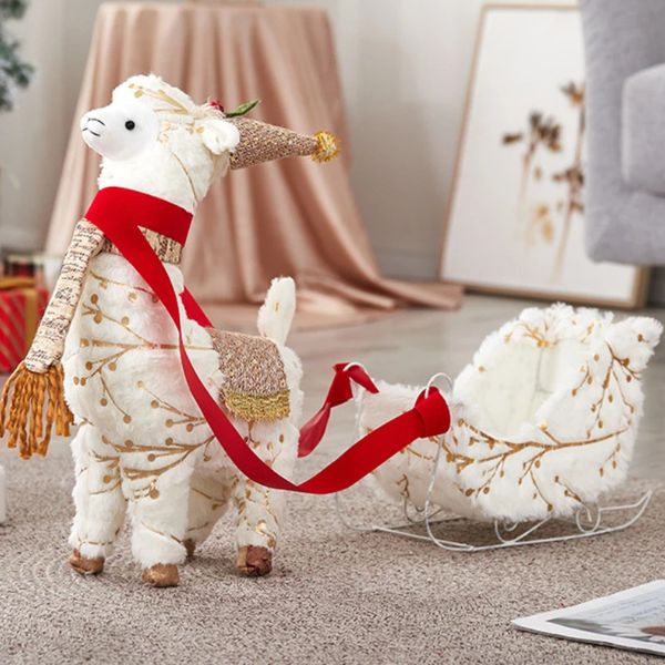Christmas deer cart decoration big snowman elk table decoration pure white gold plush sled handcart table decoration 241116