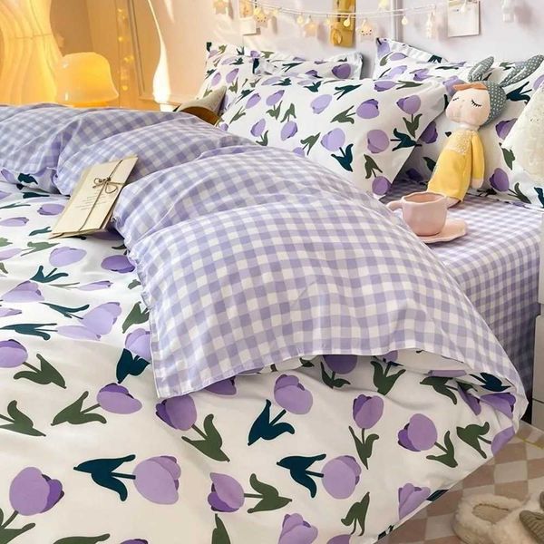 Floral Bedding Set Purple Tulips Ins Single Queen Size Duvet Cover No Filler Flat Sheet case Home Hotel Bed Linens Y250122
