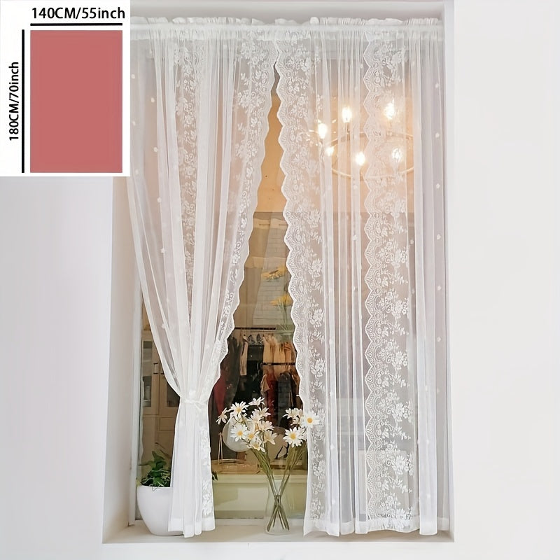 TEMU 1pc White Lace Piercing Rod Small Flower Door Curtain, White Lace Curtains Curtain 1 Panel - Vintage Embroidered Semi Sheer Valance - Light