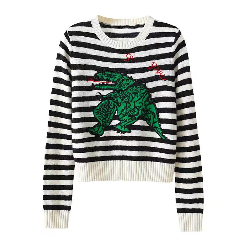Designer Women&#039;s Sweaters Embroidery Dinosaur Long Sleeve Wool Knitting Sweed Sweatd Striped Sweaters Casual Loose Poop Collus