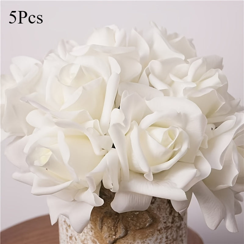 TEMU 5pcs Realistic Artificial Roses, Touch Plastic , Ideal For Home Decor, Living Room Tabletop, Seasonal Spring Decor, Container-free, Christmas,