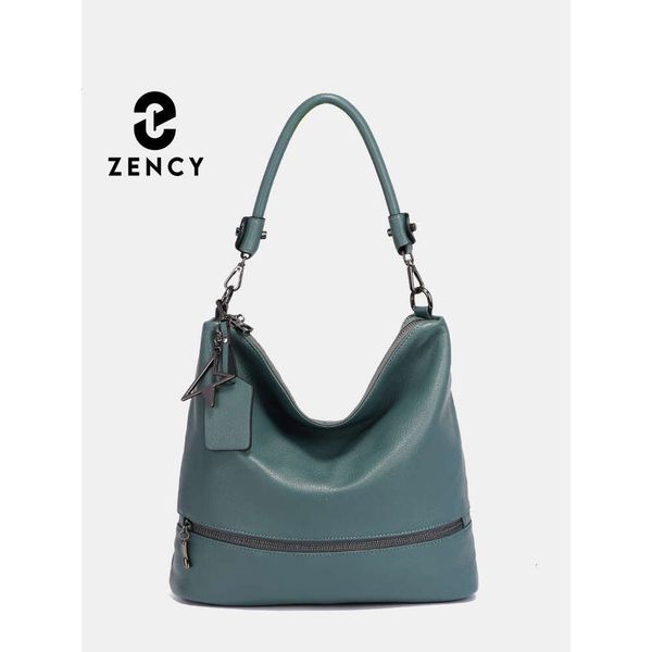 Zency Women Winter Genuine Leather Large Tote Elegant Hobo Handbag Shopper Shoulder Bags Retro Blue Green Crossbody Multi-Pocket