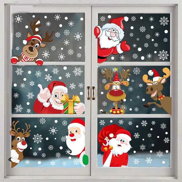 1PC Cartoon Christmas Mirror Window Sticker Santa Elk Snowflake Glass Wall Decal Decor Merry Christma Home Decor Static StickersXJ241114