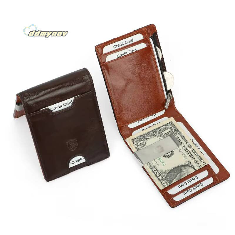 Genuine Leather Mens Wallet With Coin Pocket Credit Card Holder Purse For Man Portable Bifold Clamp Male Money Bag Metal Clip ddmynov