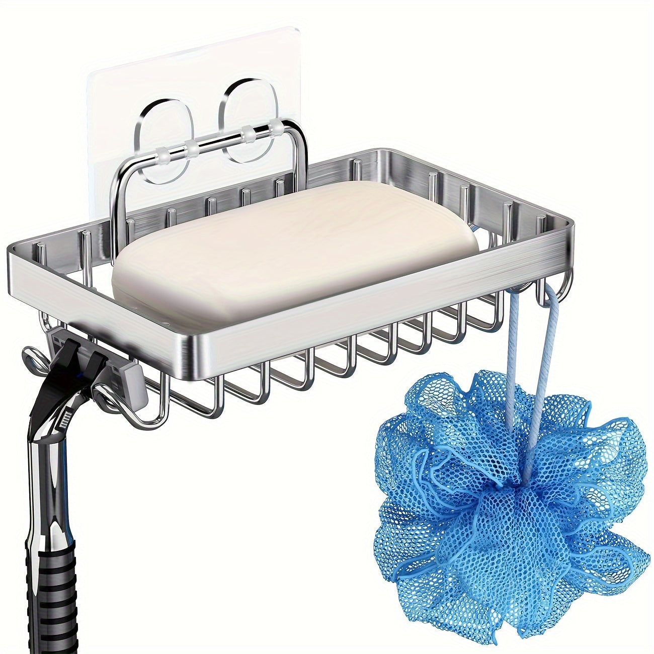 TEMU A Soap Dish Rack With 4 Hanging Hooks, 304 Rust-proof Stainless Steel Soap Rack, Household Farmhouse Wall-mounted Shower Soap Dish, Kitchen