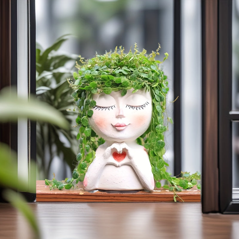 TEMU 1pc Whimsical Abstract Girl Face Resin Planter Statue - Handcrafted Indoor-outdoor Decor, Heart Hands & Leaf , Succulent & Flower Pot For Home