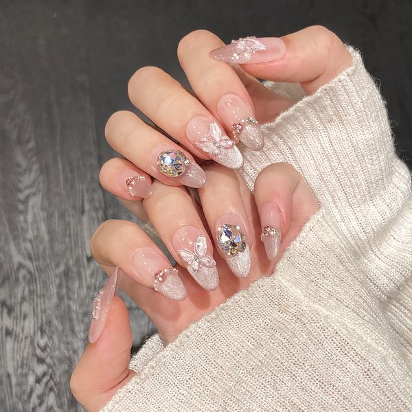 Nail Art Pure Handmade Wearable Nails Pink Cat Eyes Hand Drawn Ice Butterfly Detachable Fashion Accessories s