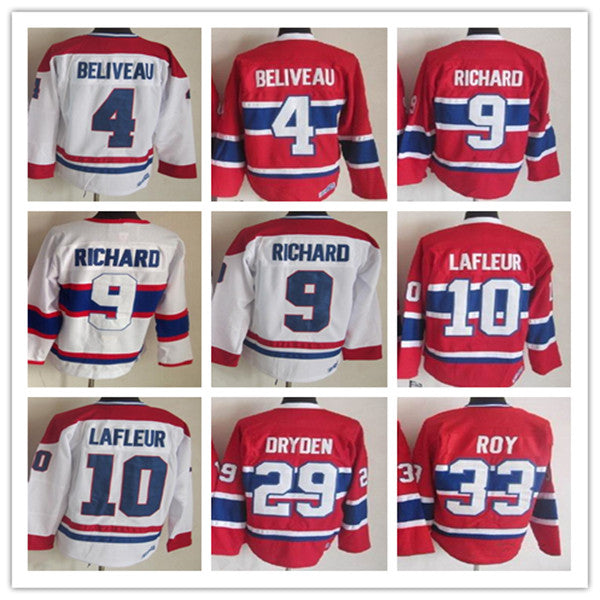 Men Vintage Classic Montreal Hockey Jerseys 10 Guy Lafleur 4 Jean Beliveau 9 Maurice Richard 29 Ken Dryden 33 PATRICK ROY Retro CCM Uniforms Stitche