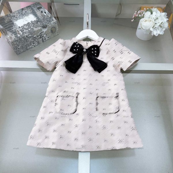 Brand lapel girls skirt summer Velvet material bow decoration Princess dress kids designer clothes Short sleeve baby partydress
