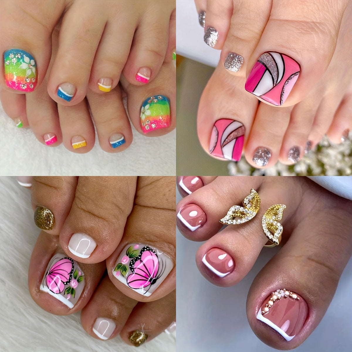 TEMU 96pcs Y2k Aesthetic Short Square Press-on Toe Nails Set - Mixed With Flower & Colorblock Patterns, Glossy Finish - Includes Jelly Glue & Nail