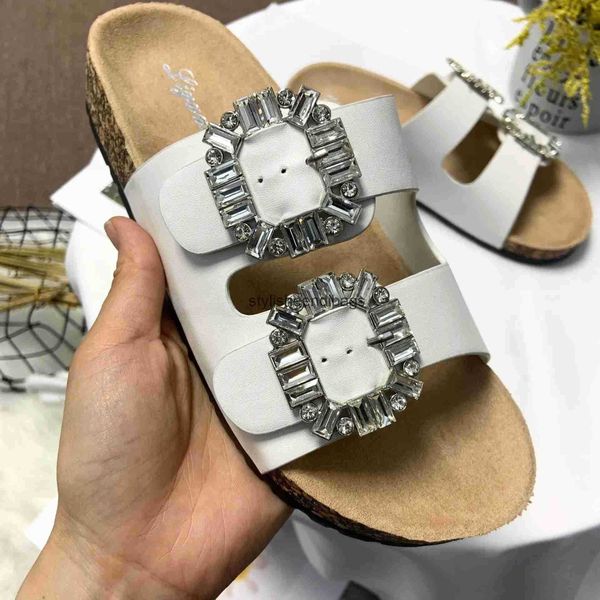 Slippers Womens Outdoor Fashion Cork Sliding Block Double Button Water Diamond Beach Flat Shoes Sandals H241128