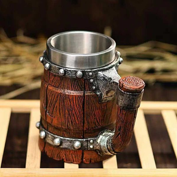 Wooden Barrel Beer Mug 600ml Retro Bucket Shaped Drinking Beer Cups Stainless Steel Double Wall Cocktail Mug For Milk CocoaM240803
