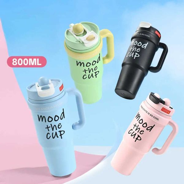800ML 304 Stainless Steel Insulated Water Bottle Thermal Coffee Car Cup Insulated Cold Hot Mug Vacuum Cup With Handle Straw NewCL240809