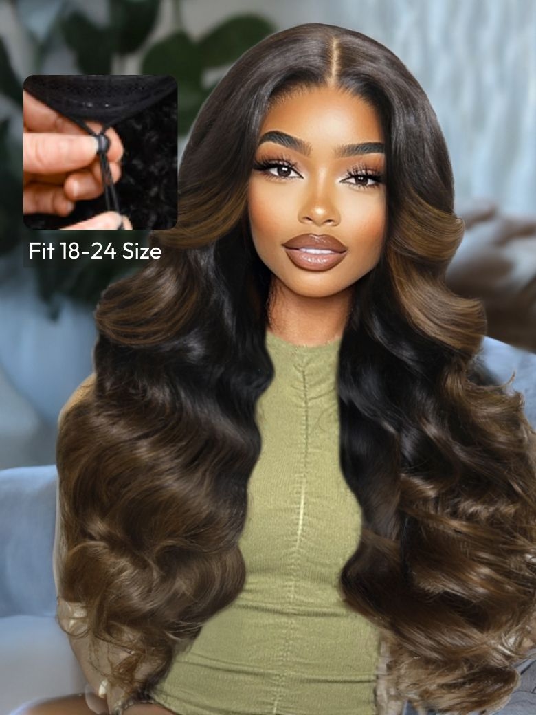 EasiContourâ¢ V Part Black to Chestnut Brown Ombre Body Wave Wig With Invisi Drawstring