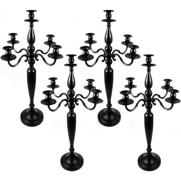 4 black candle holders 5 arm 28 inches high metal cone 241206