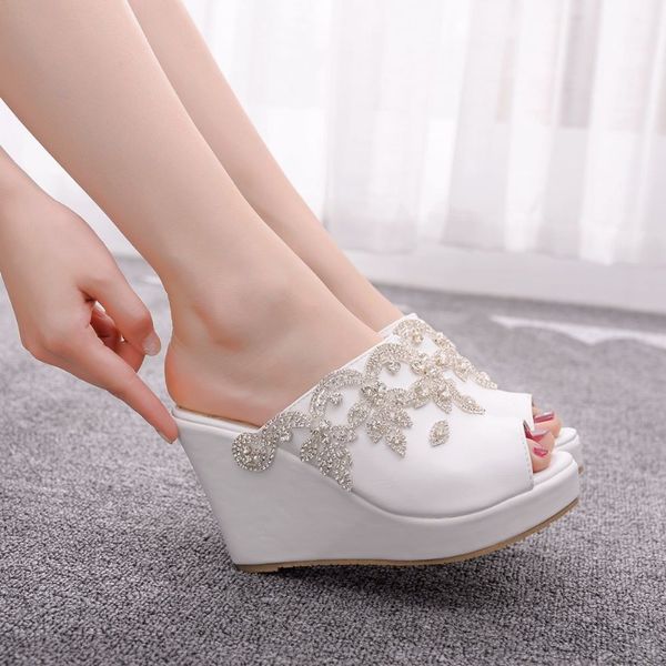 Heels High For Peep Toe Rhie Slip On Platform 10CM Wedges Fashion Dress Sandals Women Shoes White Slippers bb84 pers