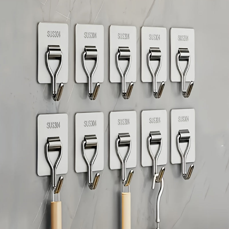 TEMU 10-15pcs Stainless Steel Adhesive Wall Hooks - No Drill Damage-free Hanging For Tiles, Glass, Mirrors - Heavy Duty Rust-resistant Contemporary