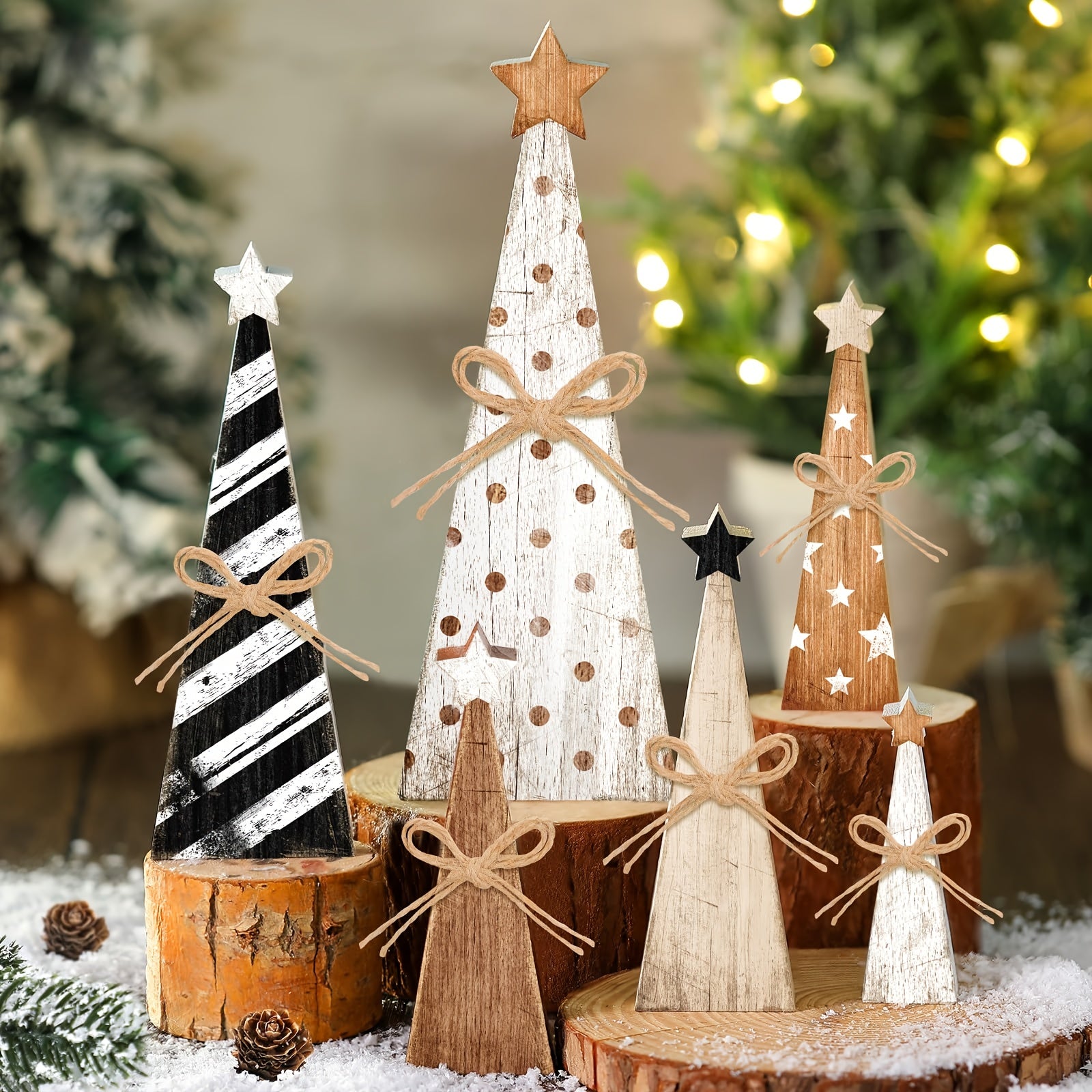 TEMU 6pcs Christmas Wooden Decorations Set, Christmas Tree Shapes And Polka Dot Elements, Can On Desktop, Entrance Hall, Windowsill, Room, Coffee Bar