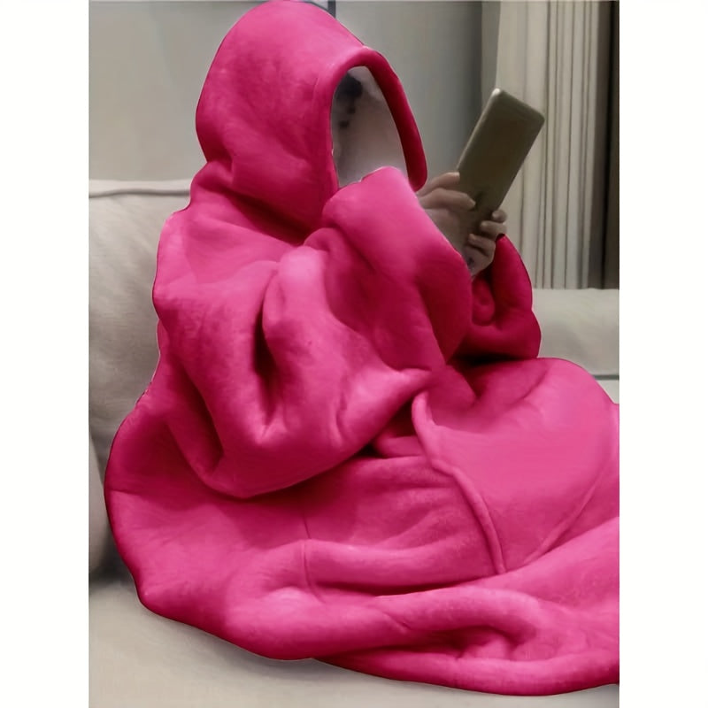 TEMU 1pc Thick Winter Hooded Bathrobe Robe - Loose-fit Long Pajama With Pockets, Elastic Comfortable Polyester Sleepwear For &, Machine Washable