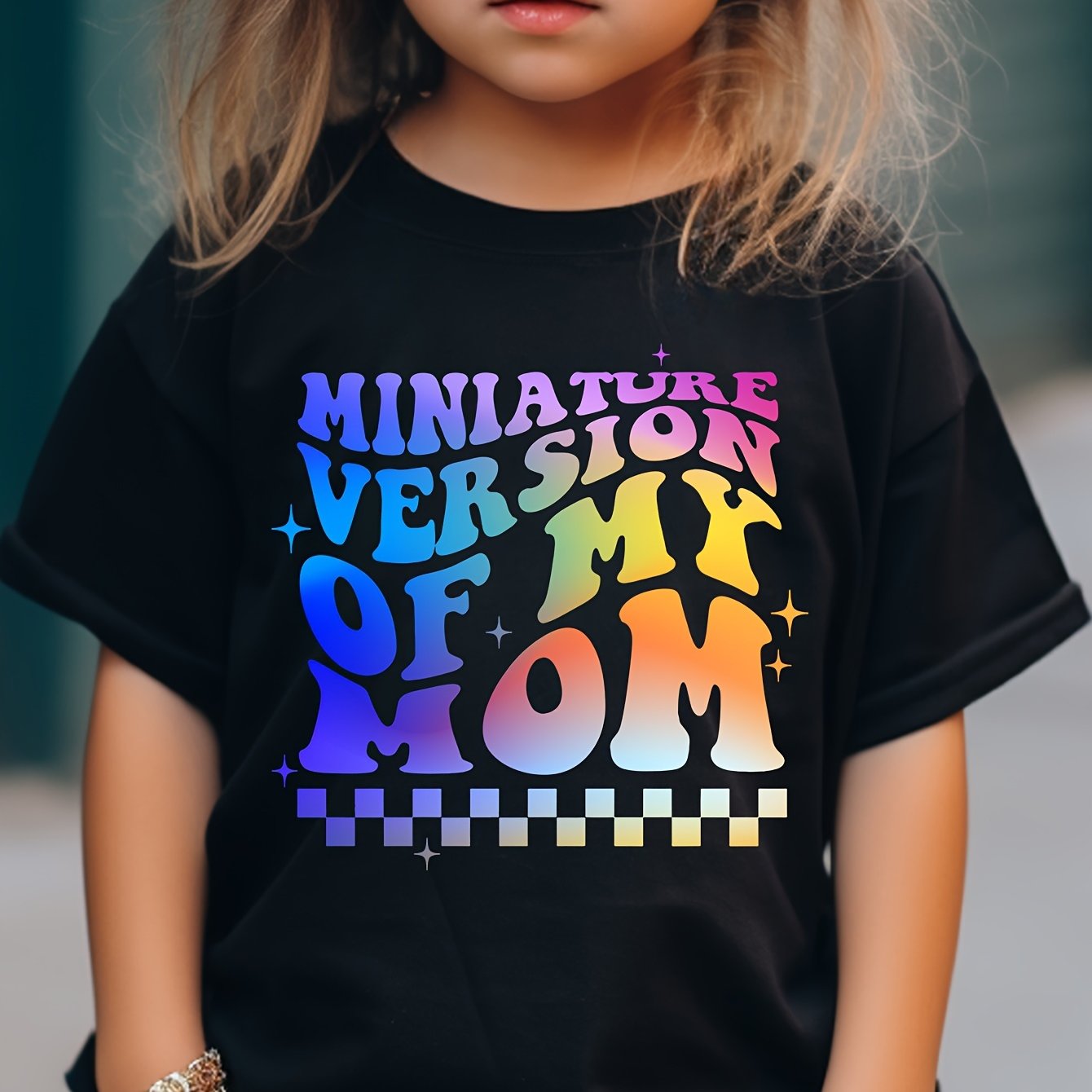 TEMU Girls' "miniature Version Of " Colorful Letter Print Cotton T-shirt - Comfy & Stylish Round Neck, Short Sleeve Tee With Vibrant Design, Machine