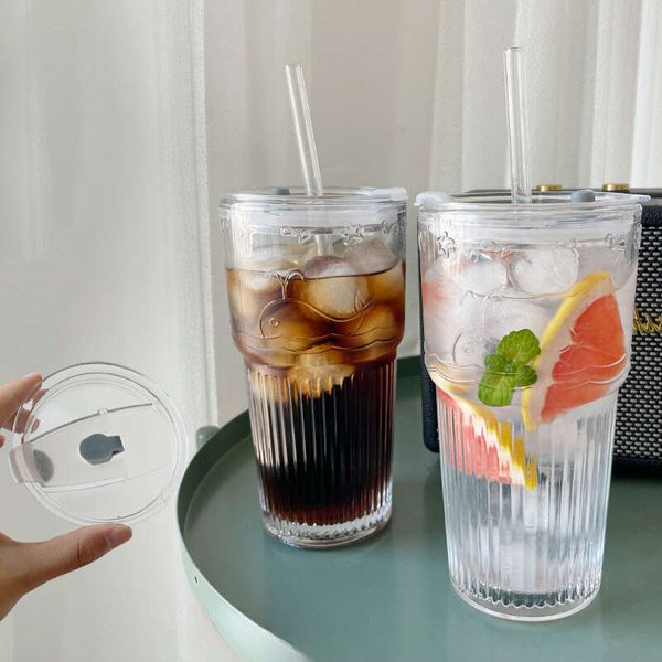 1Pc 600Ml Stripe Glass With Lid And Straw Transparent Drinking Glasses For Juice Iced Coffee Water Cup Outdoor Drinkware Mug