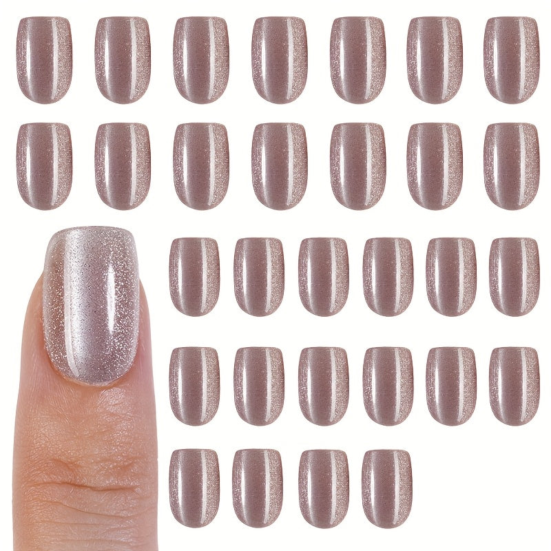 TEMU 30pcs Of Acrylic Short Square Lotus Pink Glossy Press-on False Nails, Shiny Light- Cat's False Nails Suitable For Women's Holiday Parties,