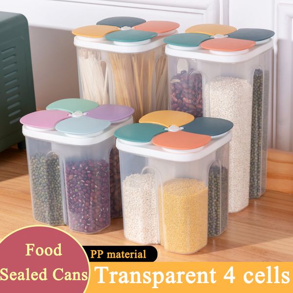 New Kitchen Storage Plastic 4 grids Cereals Sealed Jar Food Container Moisture-proof Grain Tank Spaghetti Keep Fresh Box