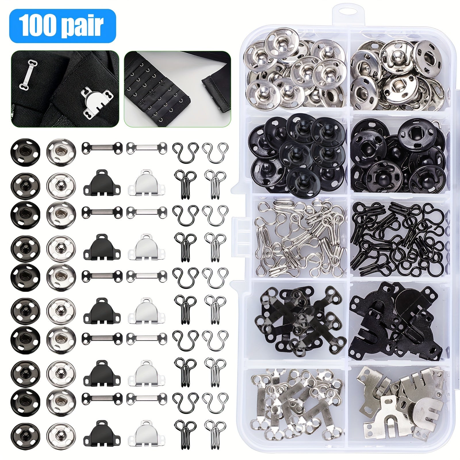 TEMU 50-100 Pairs 3 Styles Hooks And Eyes Sewing Hook, Metal Snaps Clothing Fixing Tools, For Skirts, Dresses, Pants, Diy Crafts