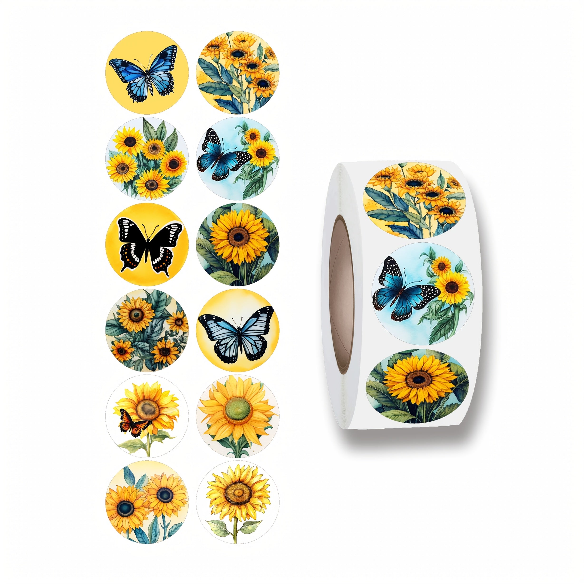 TEMU 500pcs Roll & Sunflower Stickers - Vibrant Multicolor Large Round Decals With Blue-green-yellow Sunflowers & Black- For Scrapbooking, Journals,