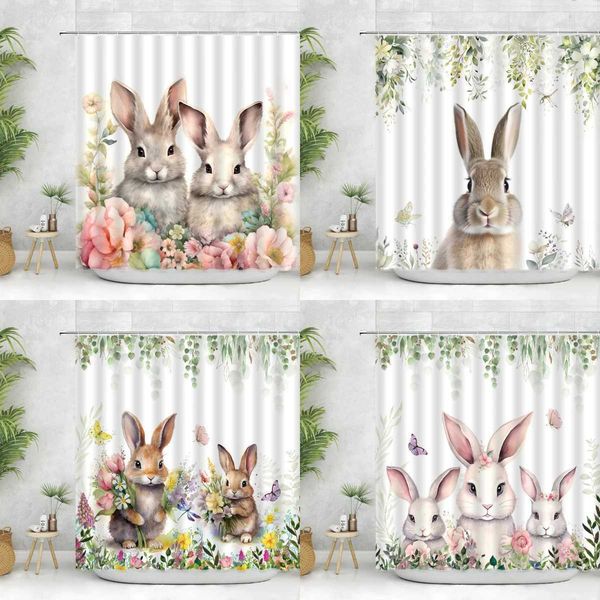 Rabbit Shower Curtain Easter Watercolor Spring Colorful Flower Butterfly Cartoon Cute Green Leaf Printed Bathroom Decorative M240824