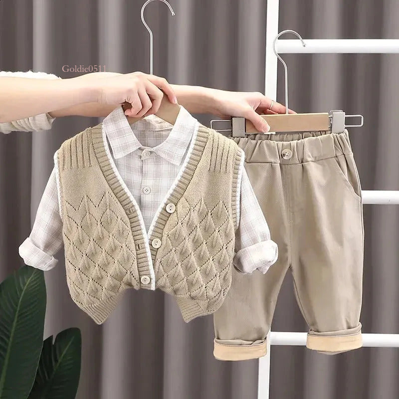 Spring And Autumn Boys Clothing Childrens Fashion Knitted Cardigan Tank Top Pants 3-Piece Set Handsome Korean Edition 240218 1845