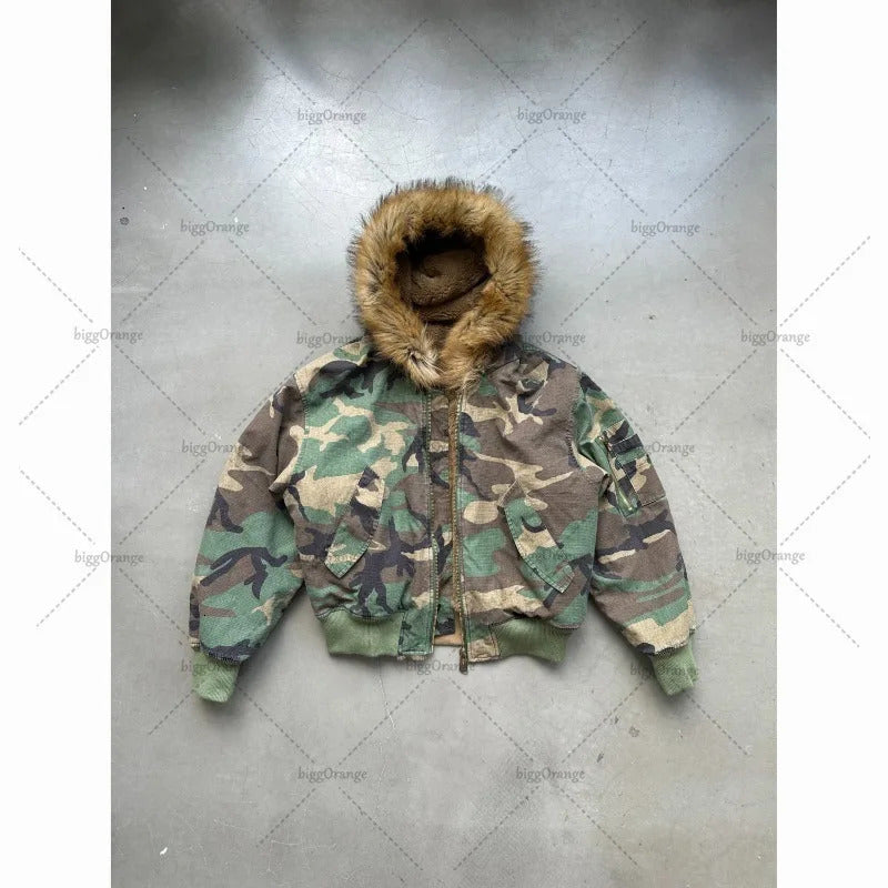 2025 High Street Trendy Y2K Streetwear Jacket Harajuku Retro Camouflage Fur Collar Casual Zipper Hoodie Men Oversized Sweatshirt 241219