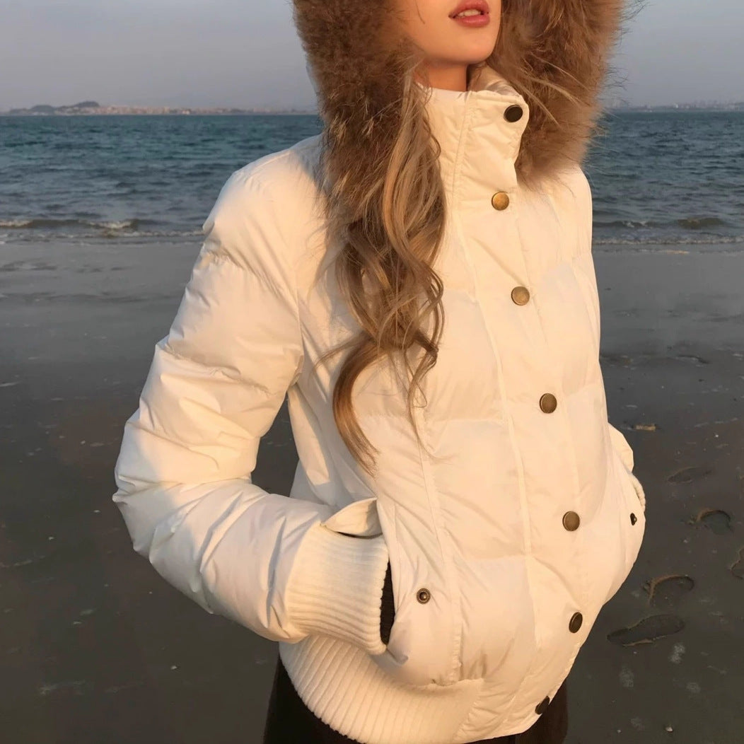 Island Time Diary White Short Down Jacket for Women Autumn Winter New Hooded Fur Collar Coat 241028
