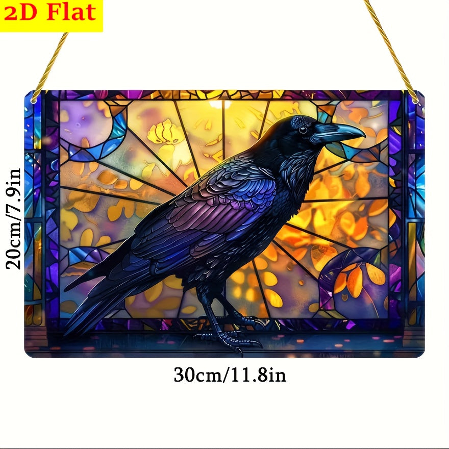 TEMU 2d Flat, 2d Flat Halloween Crow Sun , Double-sided Pattern Window Door Hanging - Acrylic Rectangular Wall Decor, Unique Gift For Home Garden