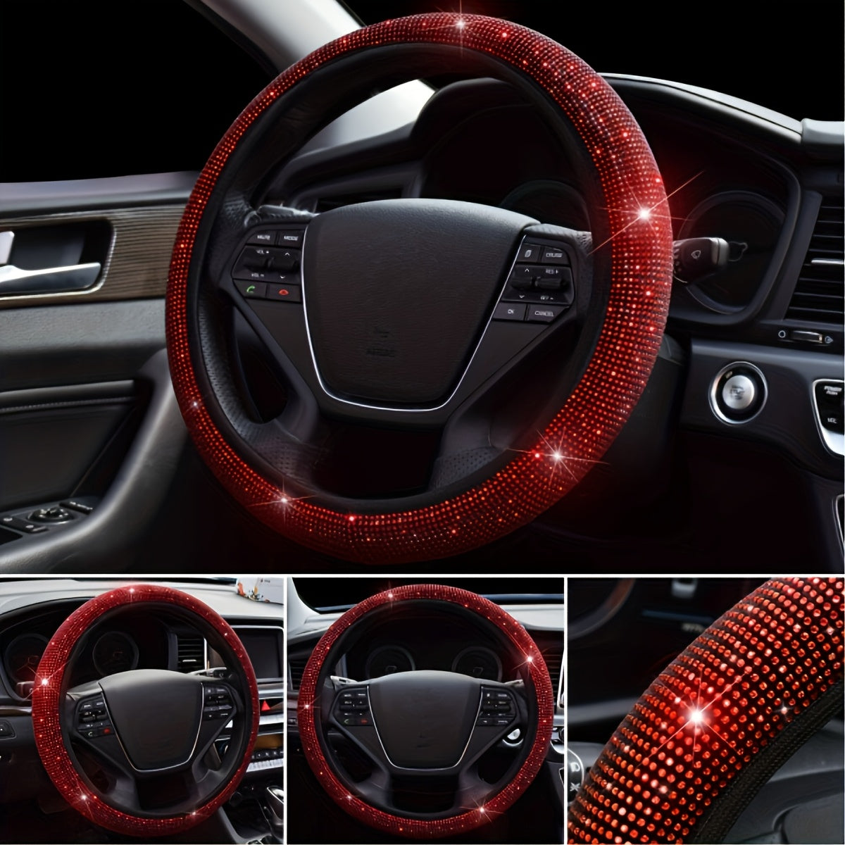 TEMU Sparkling Steering Wheel Cover For Women, Fit -15 Inch, Stylish Anti-slip Breathable Polyester Car Interior Accessory With Multicolor Gemstone