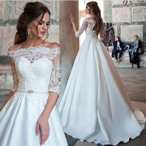 Lace a line Wedding Dresses off shoulder satin Long sweep train Beaded Overskirt Dubai Arabic plus size Bridal Gowns