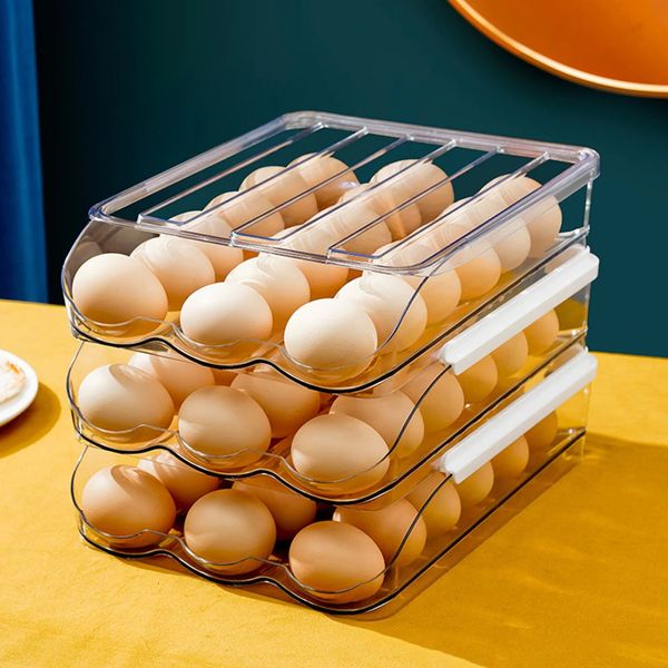 Egg Holder Large Capacity 36 Container For Refrigerator 3 Layer Stackable Tray Kitchen Automatic Rolling Storage Box 240125