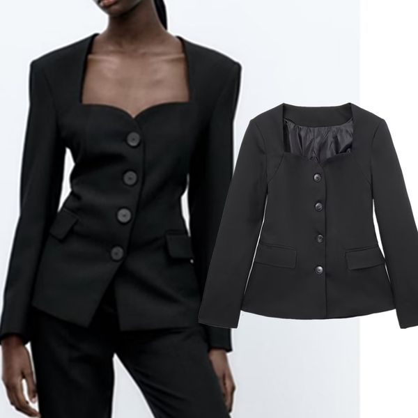 Women&#039;s Suits Blazers Maxdutti Office Lady Fashion Jacket Simple Square Collar Retro Women 230411