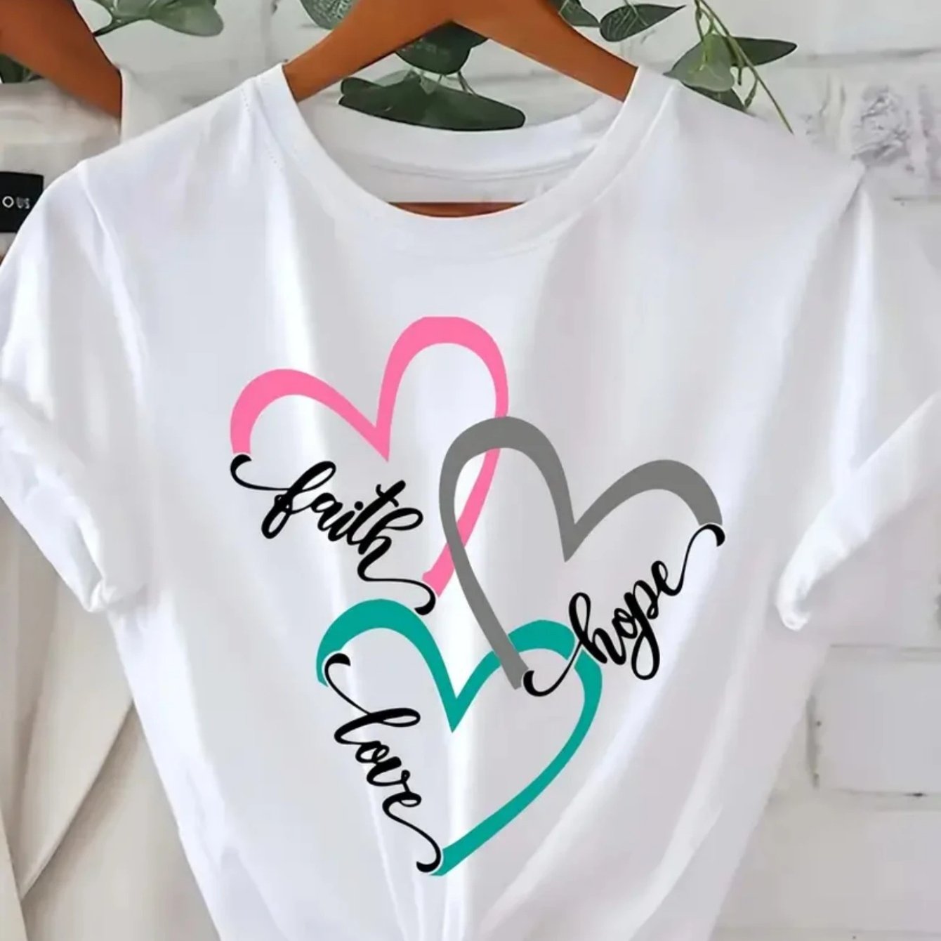 TEMU Plus Size Women's Crew Neck Short Sleeve T-shirt - "faith Love" Print, 100% Cotton Breathable Fabric, Casual Spring-summer Top With Pink, Teal &