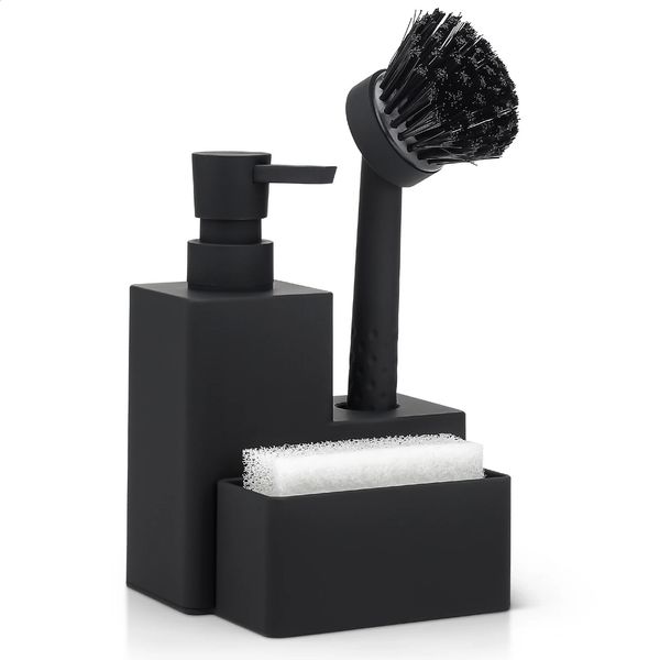 Modern Square Dish Soap Dispenser with Sponge Holder and Brush 3 in 1 Set for Kitchen Sink Countertop Organizer Matte Black 250108