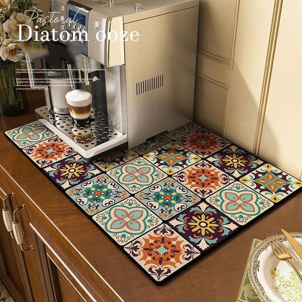 Carpet Diatom Mud Kitchen Drain Pad Bohemia Quickly Dry Coffee Bar Mat Dish Drying Hide Stain Rubber Tableware Easy To Clean 230227